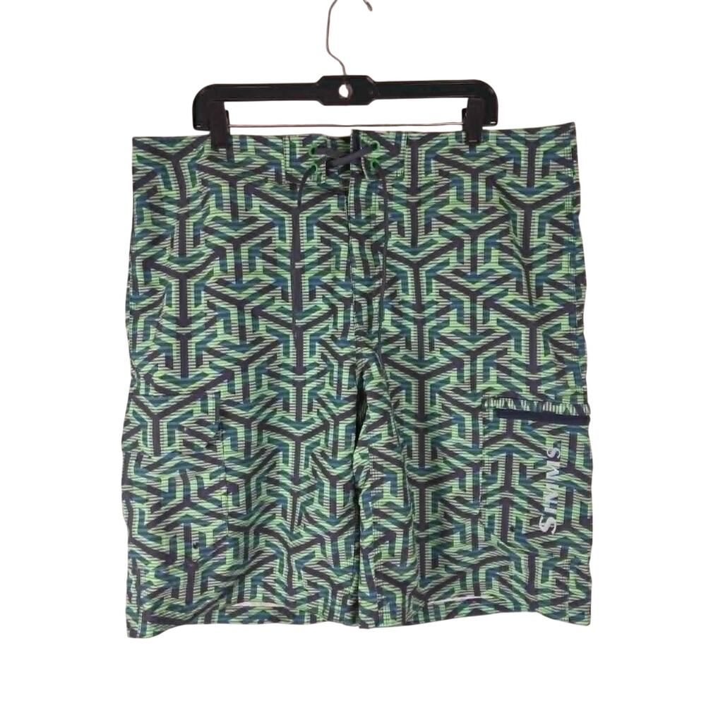 Simms Geometric Fishing Board Shorts Green Blue Men's Size XL Swim Trunks